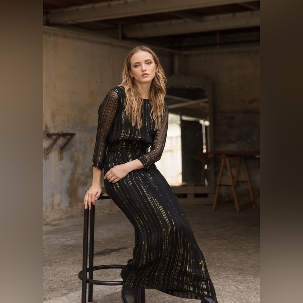 Stella Forest Black and Gold Chiffon Striped Dress
